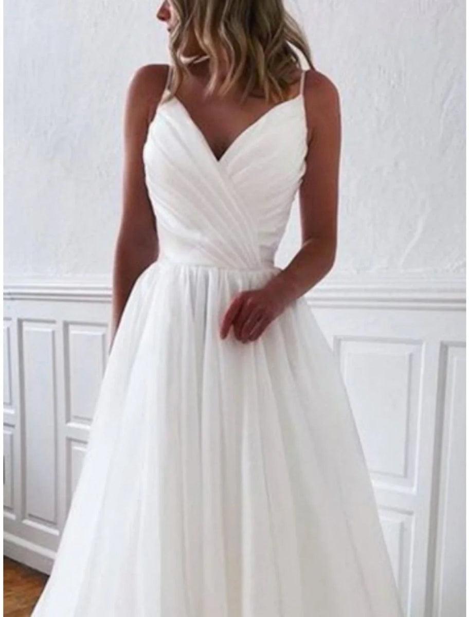 NumberSea - Casual Wedding Dresses Sheath / Column Camisole Sleeveless Court Train Chiffon Bridal Gowns With Pleats