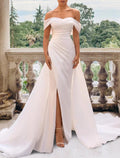 NumberSea - Casual Wedding Dresses Sheath / Column Off Shoulder Cap Sleeve Court Train Satin Bridal Gowns