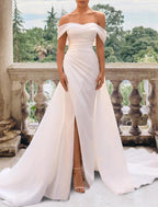NumberSea - Casual Wedding Dresses Sheath / Column Off Shoulder Cap Sleeve Court Train Satin Bridal Gowns