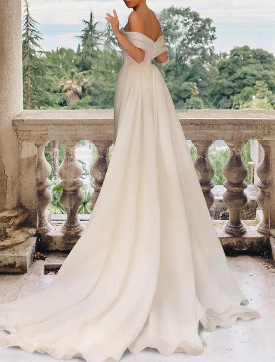 NumberSea - Casual Wedding Dresses Sheath / Column Off Shoulder Cap Sleeve Court Train Satin Bridal Gowns