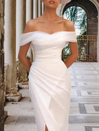 NumberSea - Casual Wedding Dresses Sheath / Column Off Shoulder Cap Sleeve Court Train Satin Bridal Gowns