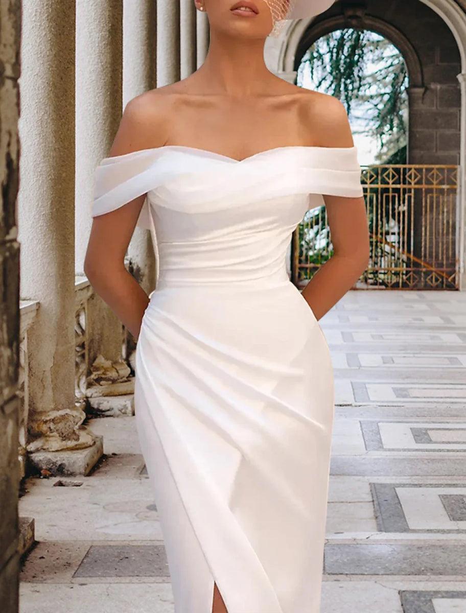 NumberSea - Casual Wedding Dresses Sheath / Column Off Shoulder Cap Sleeve Court Train Satin Bridal Gowns