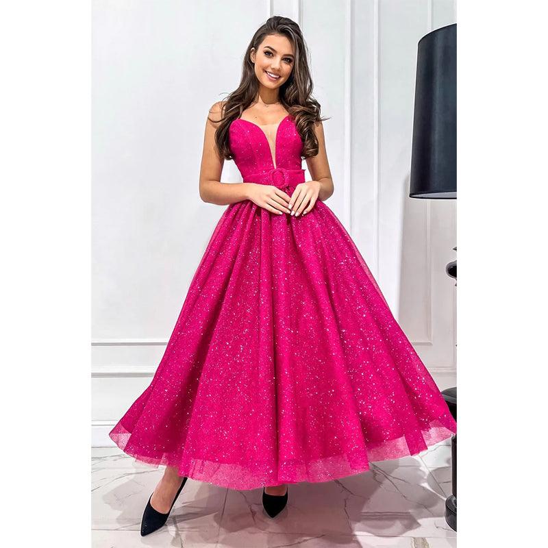 Vestido de fiesta vintage fucsia con escote en V pronunciado y purpurina 
