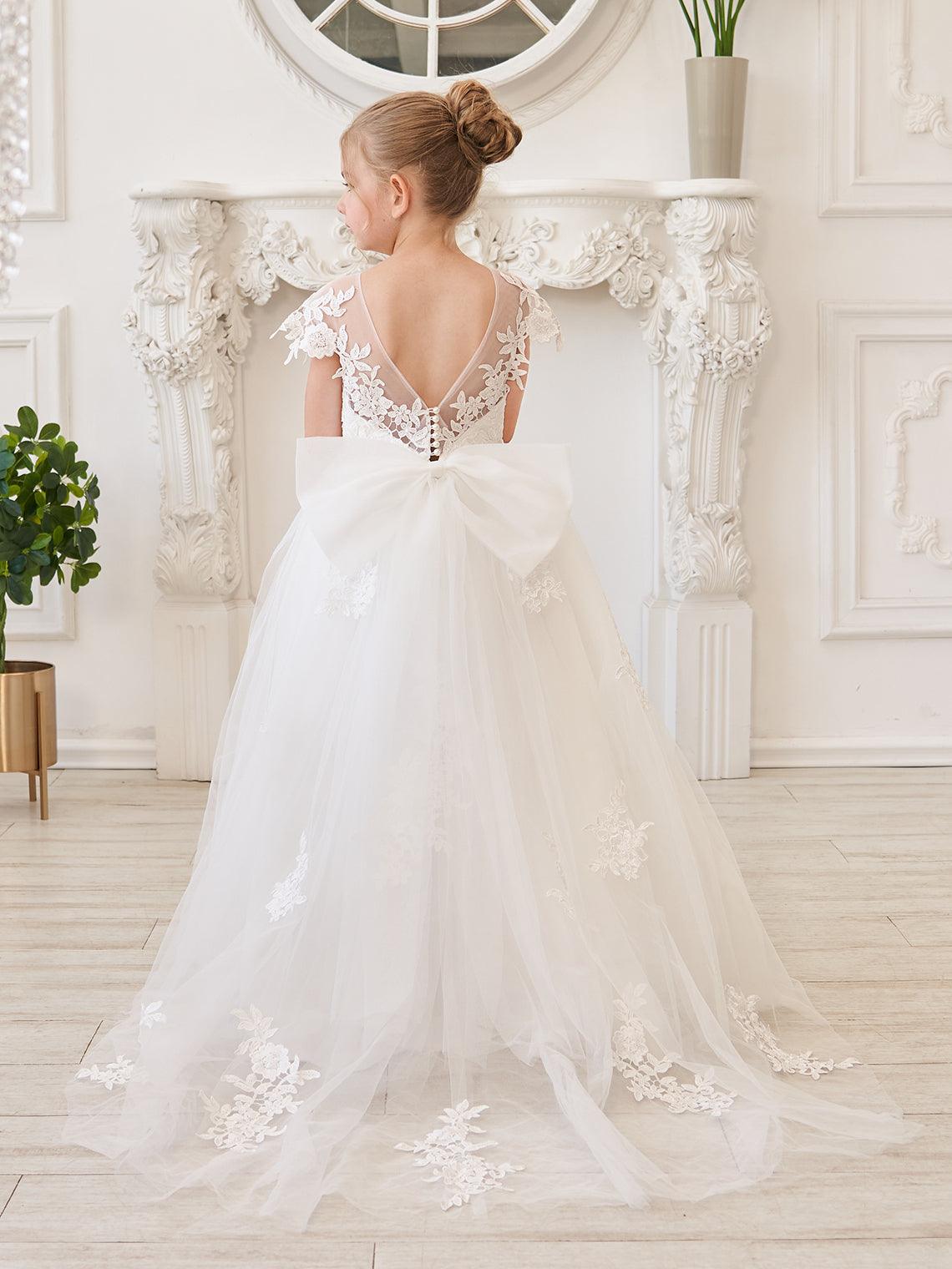 Vestido de princesa para primera comunión de niña de las flores, color marfil, con cola desmontable 