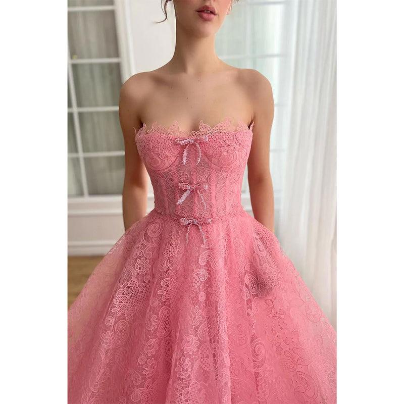 Vestido de fiesta de graduación de noche con escote en forma de A de tul, sin tirantes y bolsillos 