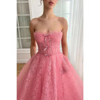 Vestido de fiesta de graduación de noche con escote en forma de A de tul, sin tirantes y bolsillos 