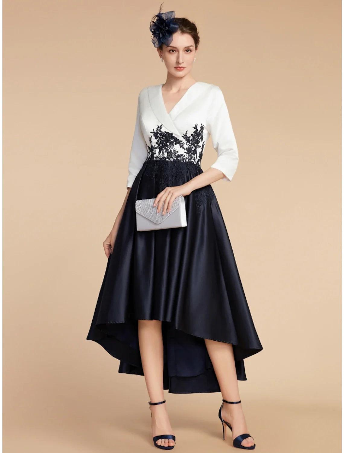 Numbersea A-Line Mother of the Bride Dress Wedding Guest Elegant Petite V Neck Asymmetrical Satin Lace Half Sleeve with Ruching