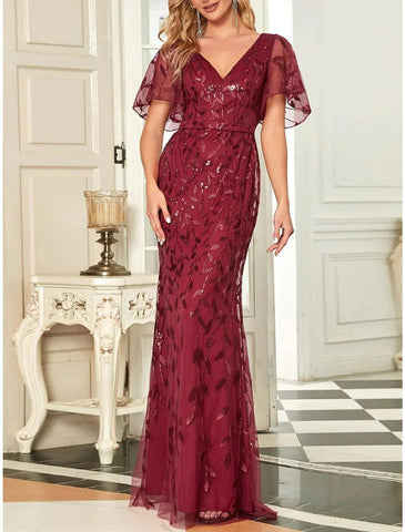 Meerjungfrau/Trompete Mutter der Braut Kleid Hochzeitsgast Sparkle &amp; Shine Elegant V-Ausschnitt Bodenlang Pailletten Kurzarm mit Falten Pailletten