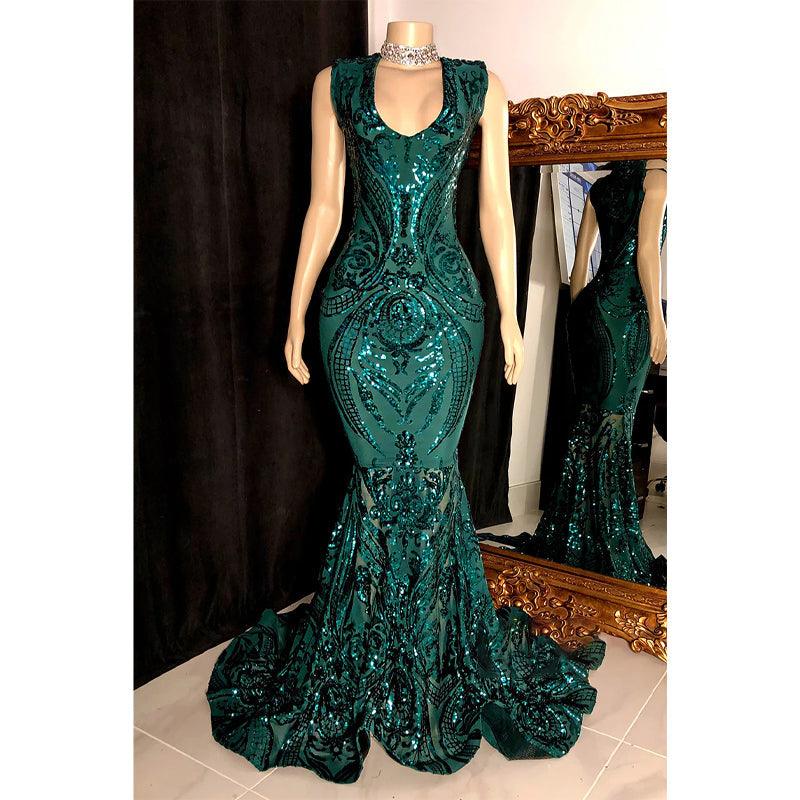 Sexy V-neck Sequins Appliques Mermaid Prom Dress Black Girl for Slay