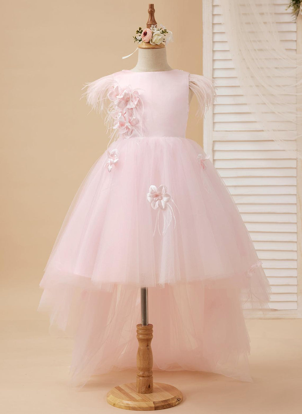 Vestido de princesa sin mangas de tul para niña de las flores con cuentas y lazo de plumas (010224704) 