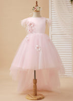 Vestido de princesa sin mangas de tul para niña de las flores con cuentas y lazo de plumas (010224704) 