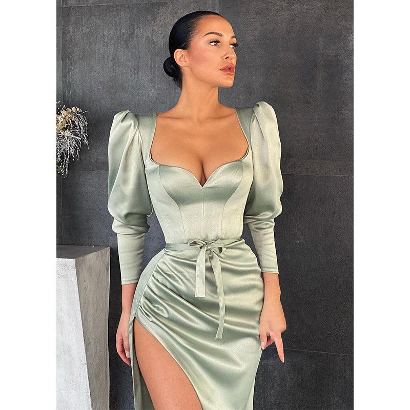 Sexy V-neck Pleats Side Slit Long Sleeves Formal Evening Gowns