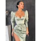 Sexy V-neck Pleats Side Slit Long Sleeves Formal Evening Gowns