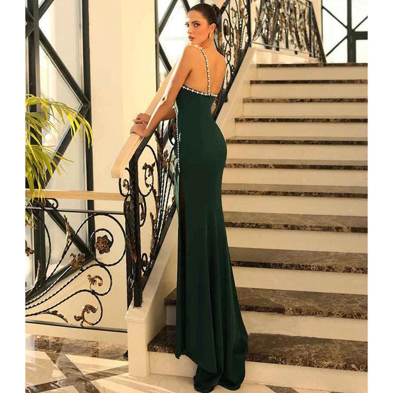 Vestido largo de fiesta de graduación con cuentas y un hombro único con abertura 