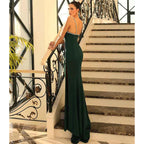 Vestido largo de fiesta de graduación con cuentas y un hombro único con abertura 