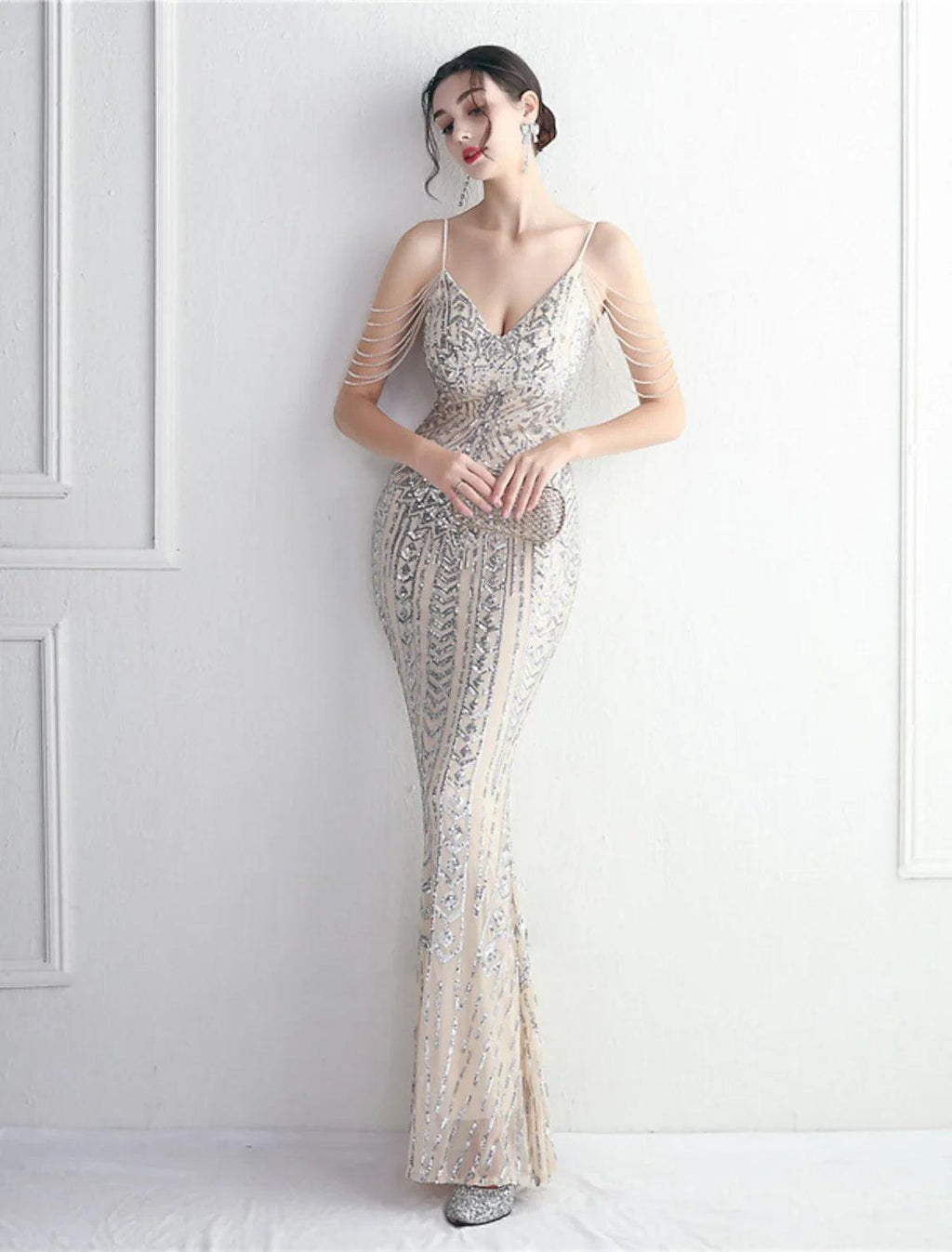 Mermaid / Trumpet Evening Gown Sparkle & Shine Dress Formal Wedding Guest Floor Length Short Sleeve Spaghetti Strap Polyester with Beading Sequin