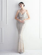 Mermaid / Trumpet Evening Gown Sparkle & Shine Dress Formal Wedding Guest Floor Length Short Sleeve Spaghetti Strap Polyester with Beading Sequin