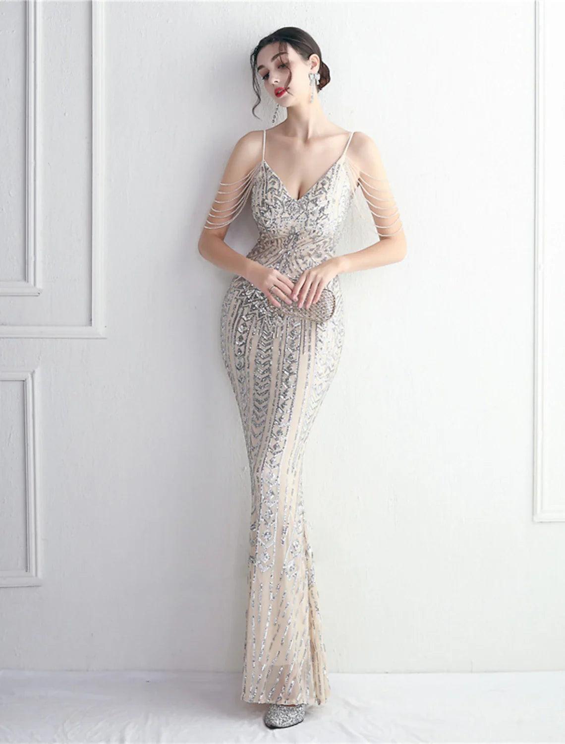 Mermaid / Trumpet Evening Gown Sparkle & Shine Dress Formal Wedding Guest Floor Length Short Sleeve Spaghetti Strap Polyester with Beading Sequin