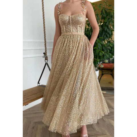 Sweetheart Champagne Sequined Sparkly Prom Dress