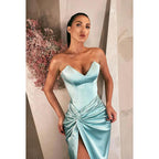 Vestido de noche largo de fiesta con escote en V, sin tirantes, fruncido y abertura