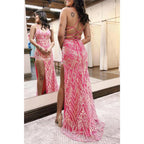 Vestido de noche para fiesta de graduación con tirantes finos, apliques de encaje y abertura lateral 