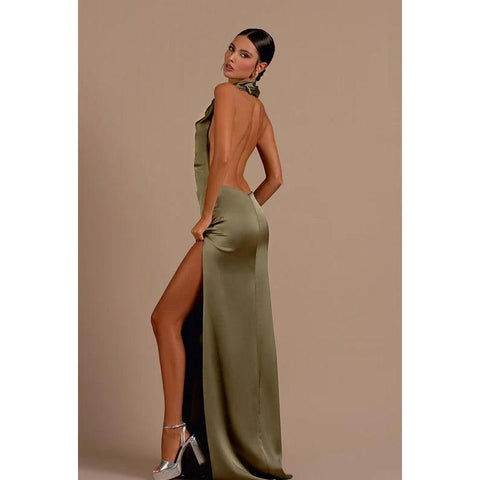 Sexy Halter Backless Satin Sheath Long Evening Dress With Side Slit