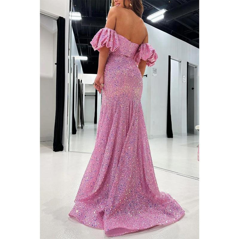 Glitzerndes, schulterfreies, mit Perlen besetztes Puffärmelchen mit seitlichem Schlitz, Party-, Abschlussball- und Abendkleid 