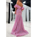 Glitzerndes, schulterfreies, mit Perlen besetztes Puffärmelchen mit seitlichem Schlitz, Party-, Abschlussball- und Abendkleid 