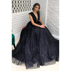 Plunging V-neck Black Sparkly Prom Dress