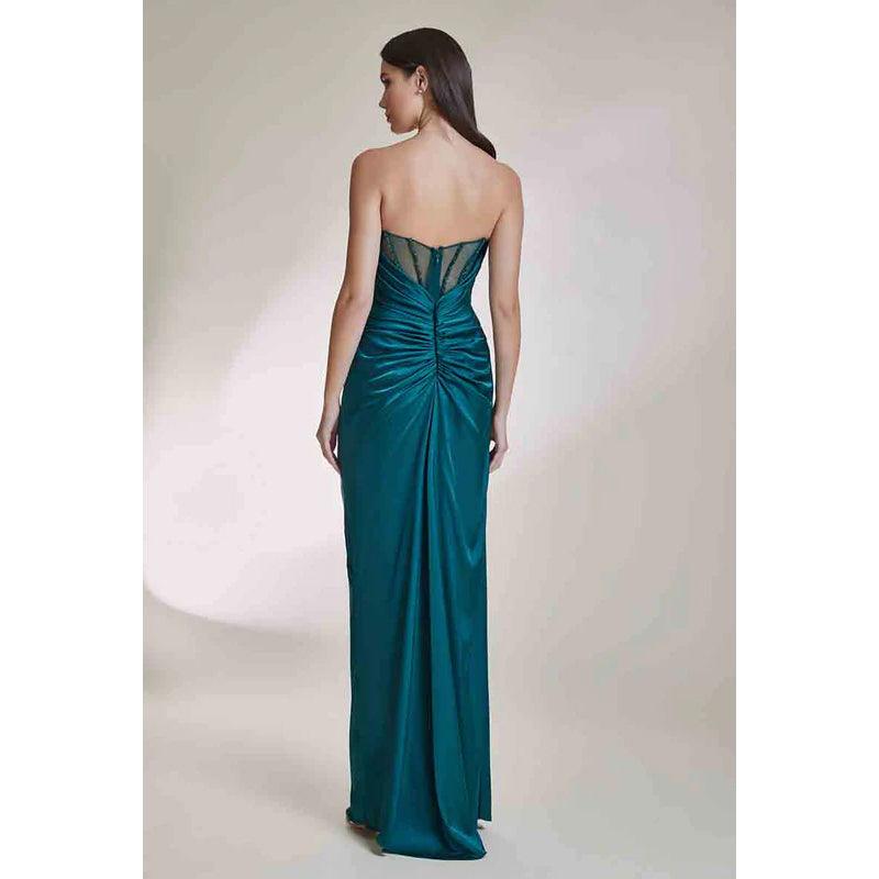 Vestido de noche largo de satén fruncido con cuentas, sin mangas y escote en V, sin tirantes