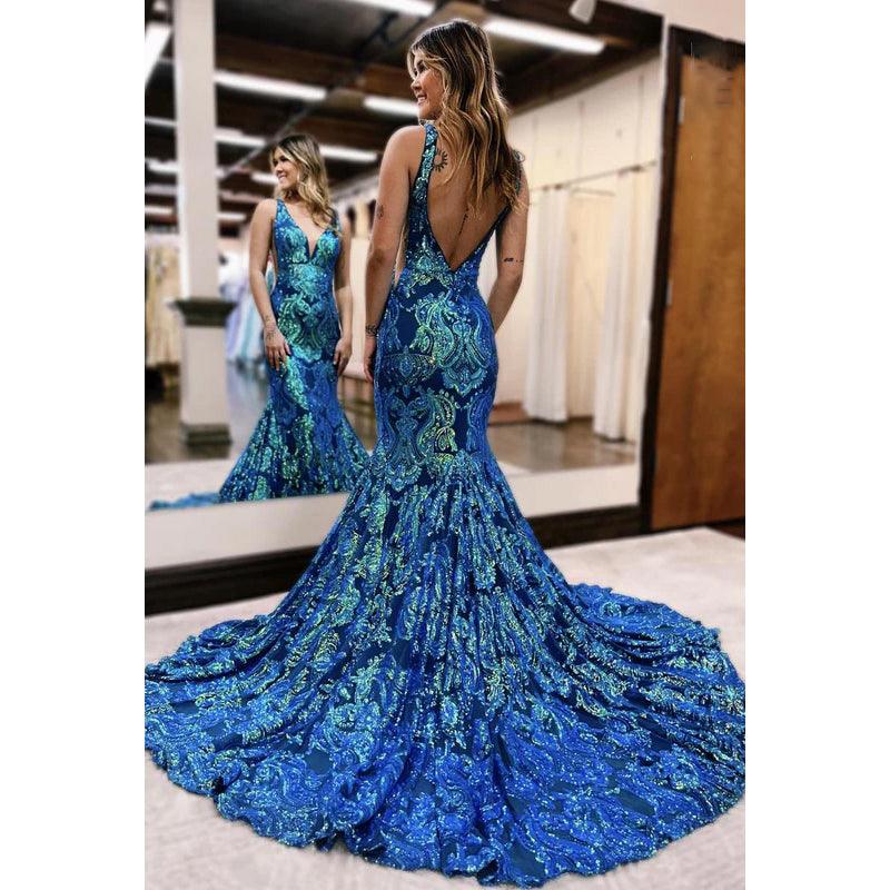 Trumpet/Mermaid Ruffles Luxurious V-Neck Squins Backless Party Prom Dress