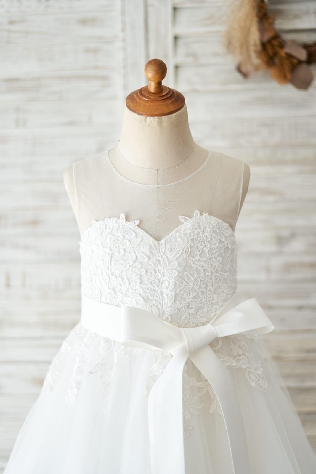 Vestido de niña de las flores de primera comunión de tul con encaje hasta la rodilla 