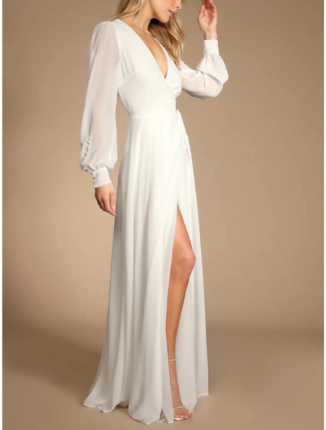 Vestidos de novia de gasa con escote en V, manga larga, largo hasta el suelo y pliegues en la parte delantera.