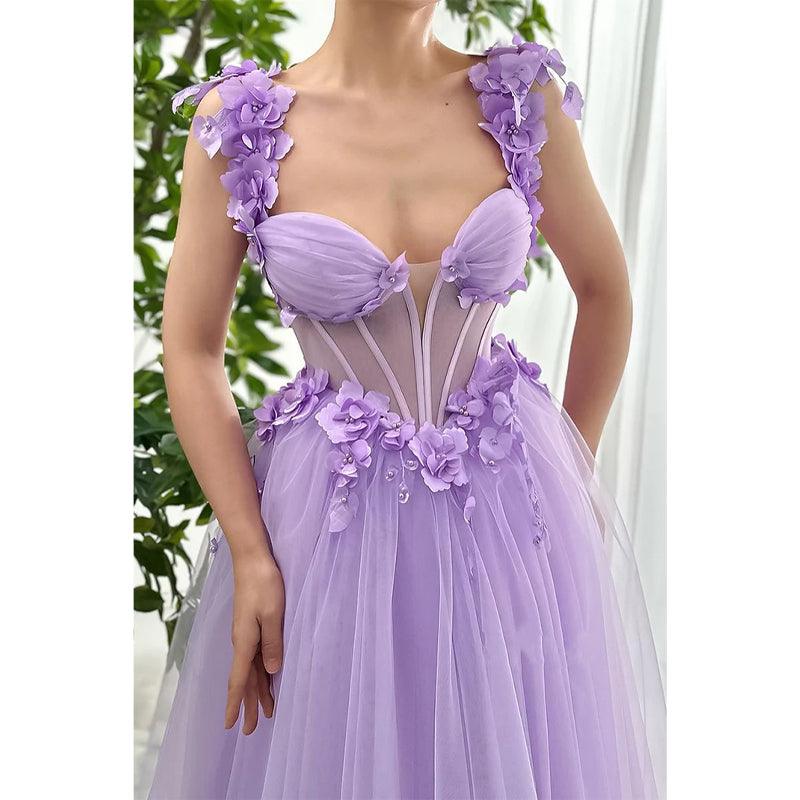 Vestido de noche de fiesta de graduación con escote en forma de A de tul, tirantes finos y apliques florales 