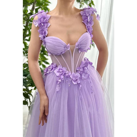 Tulle A-line Sweetheart Spaghetti Straps Floral Appliqued Party Prom Evening Dress