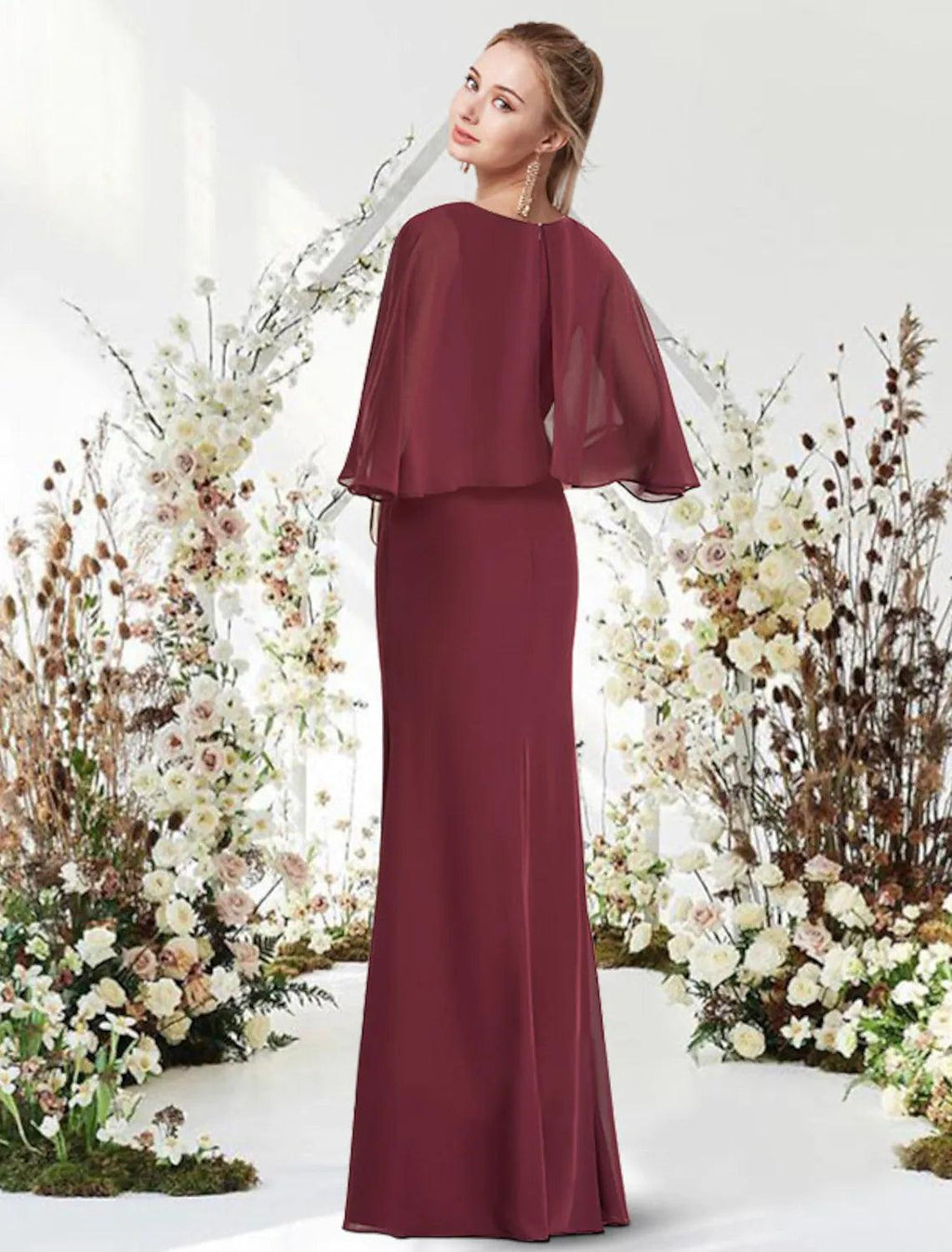 Etui-Linie/Säule, minimalistisch, elegant, Verlobung, formelles Abendkleid, Rundhalsausschnitt, halbe Ärmel, bodenlang, Chiffon mit Schärpe/Band