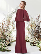 Etui-Linie/Säule, minimalistisch, elegant, Verlobung, formelles Abendkleid, Rundhalsausschnitt, halbe Ärmel, bodenlang, Chiffon mit Schärpe/Band