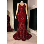 Vestido de noche sexy y atractivo con escote en V, corte sirena, sin mangas, abertura y lentejuelas