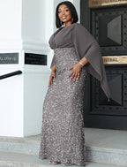 Mermaid / Trumpet Wedding Guest Dresses Plus Size Dress Cocktail Party Black Tie Floor Length Long Sleeve V Neck Fall Wedding Guest Sequined with Glitter Slit