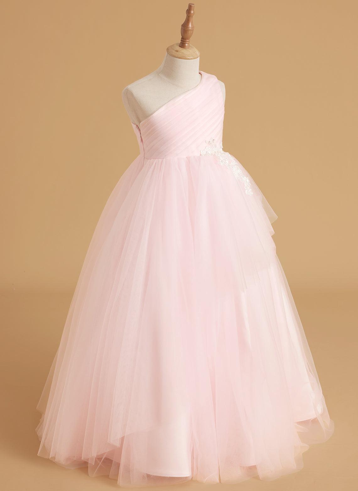 Vestido de niña de las flores estilo princesa, corte A, con un solo hombro, de tul y cola 