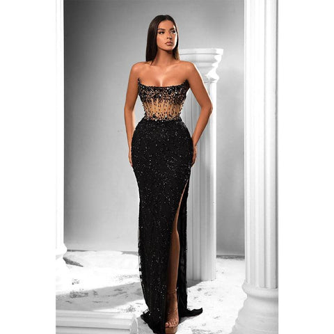 Sheath Strapless Beads Long Black Prom Forma Dress
