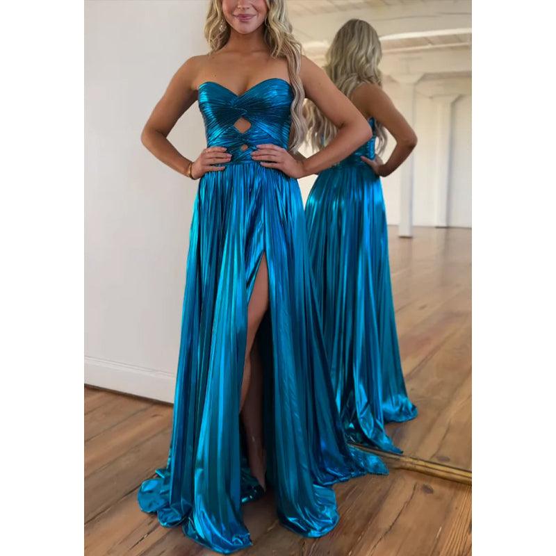 Vestido de noche para fiesta de graduación, sin mangas, corte A y abertura lateral con escote en forma de corazón 