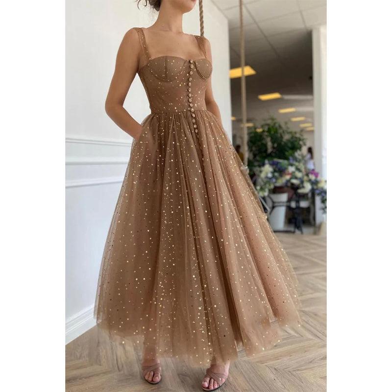 Vestido de fiesta de tul con escote en forma de corazón, tirantes finos y bolsillos 