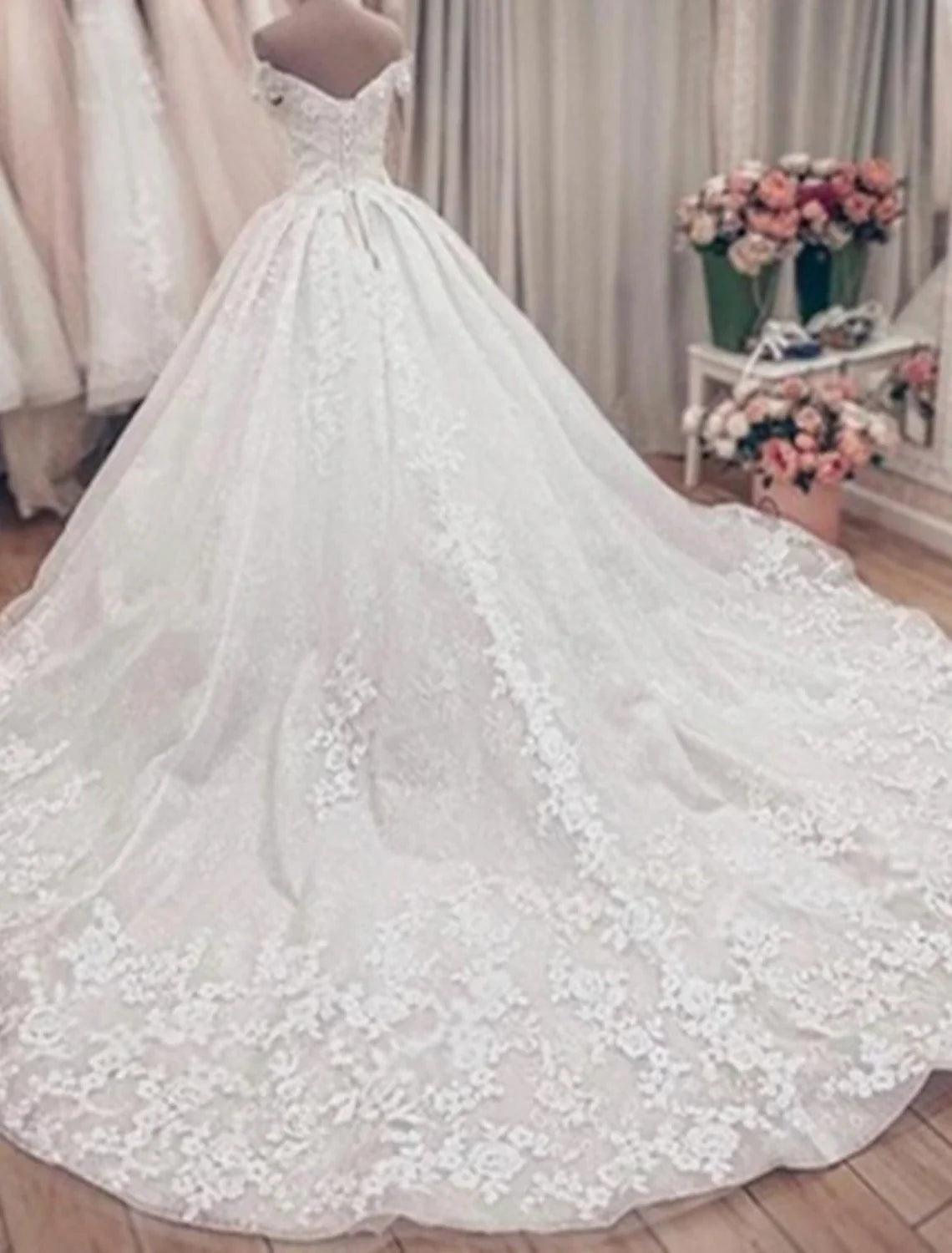 Vestidos de novia formales de compromiso, vestido de fiesta, hombros descubiertos, manga corta, cola capilla, vestidos de novia de encaje con apliques, fiesta de bodas de verano y otoño