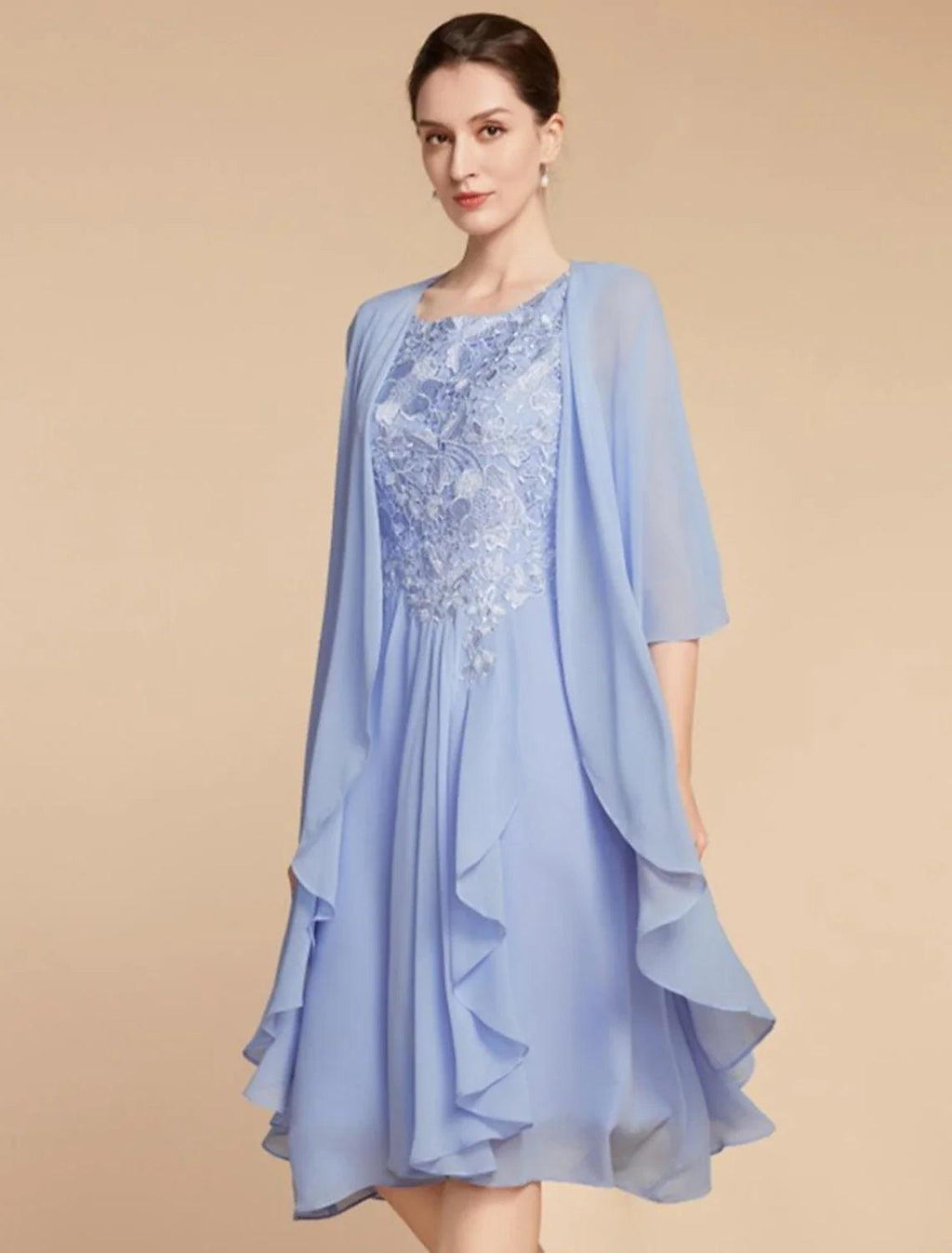 Vestido de dos piezas tipo tubo/columna para madre de la novia, elegante, pequeño, escote redondo, largo hasta la rodilla, de gasa, con encaje, media manga y fruncido, color liso.