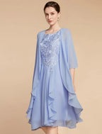 Vestido de dos piezas tipo tubo/columna para madre de la novia, elegante, pequeño, escote redondo, largo hasta la rodilla, de gasa, con encaje, media manga y fruncido, color liso.