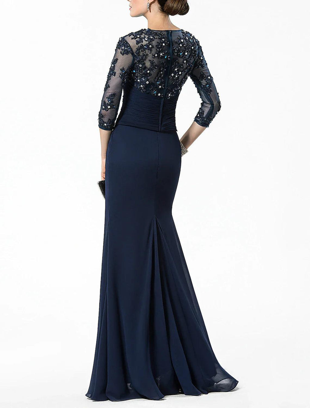 Vestido de noche formal elegante de dos piezas con escote sirena/trompeta y brillo, para invitada de boda, con ilusión, media manga, largo hasta el suelo, de gasa con apliques de cristales.