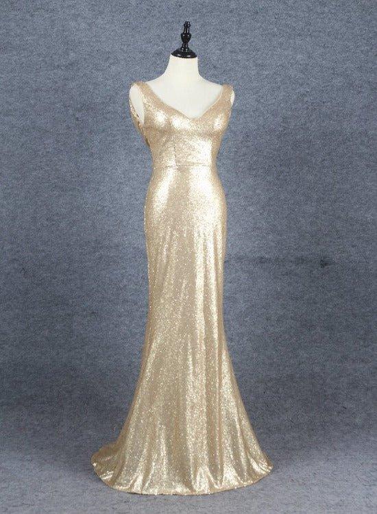 NumberSea - Champagne Sequins Low Back Long Bridesmaid Dresses, Mermaid Prom Dress Party Dress