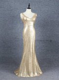 NumberSea - Champagne Sequins Low Back Long Bridesmaid Dresses, Mermaid Prom Dress Party Dress