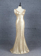 NumberSea - Champagne Sequins Low Back Long Bridesmaid Dresses, Mermaid Prom Dress Party Dress